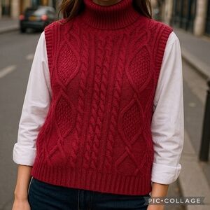 She + Sky Mock Neck Sleeveless Drop‎ Shoulder Cable Sweater Vest Burgundy Size L